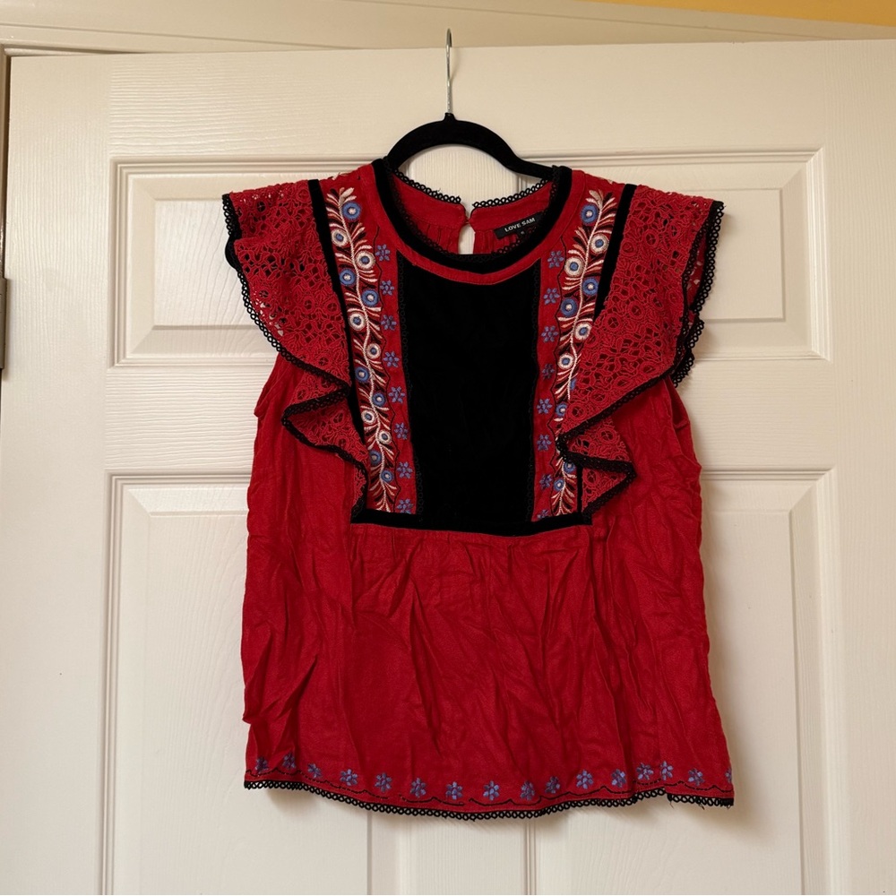 Love Sam Red Embroidered Sleeveless Blouse